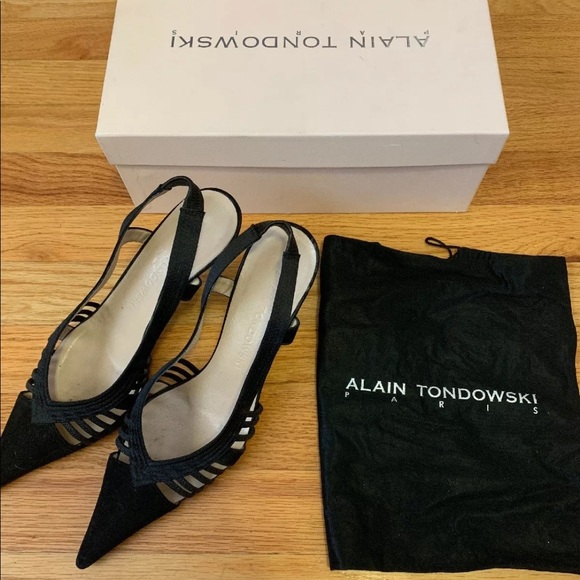 ALAIN TONDOWSKI [vintage kitten heel black suede satin heels] - Picture 1 of 8